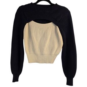 Dee Elly‎ Women's Cut Out Sweater Small Navy Ivory Colorblock Ribbed Long Sleeve